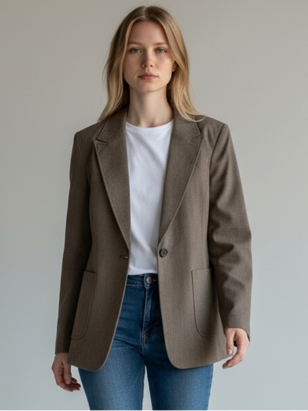 EXPRESS Taupe Herringbone Blazer | Classic Office Siren Style Quiet luxury 9/10